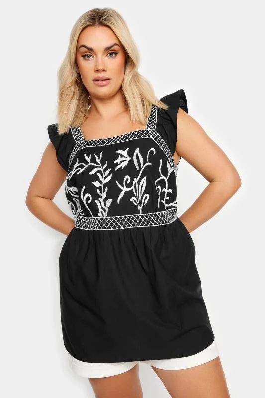 Yours YOURS Curve Black & White Embroidered Peplum Top