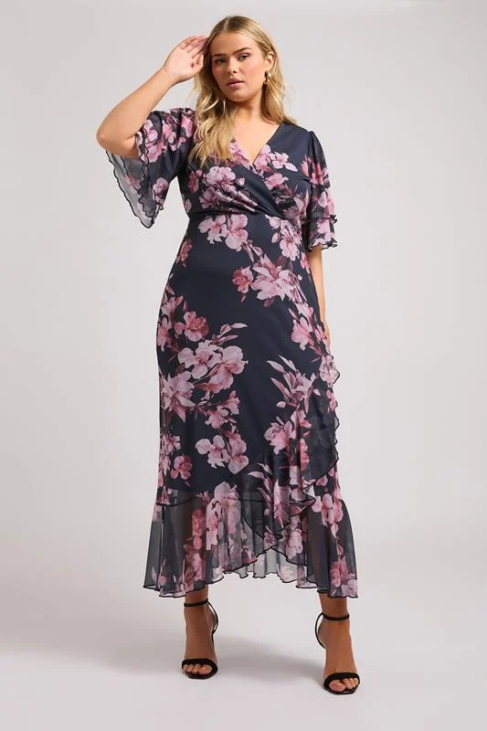 Yours London YOURS LONDON Curve Navy Blue Floral Print Ruffle Wrap Dress