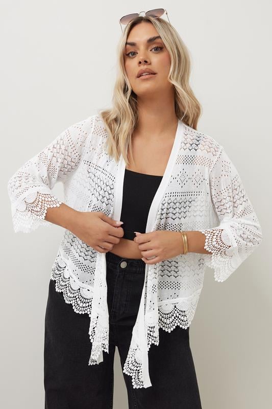 Yours YOURS Curve White Lace Trim Waterfall Cardigan