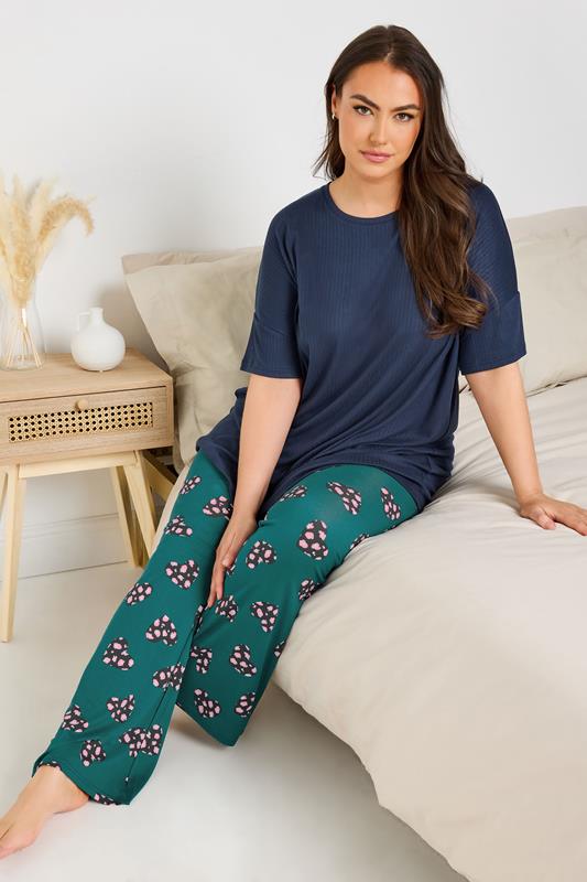 Yours YOURS Curve Green Animal Heart Flare Pyjama Bottoms