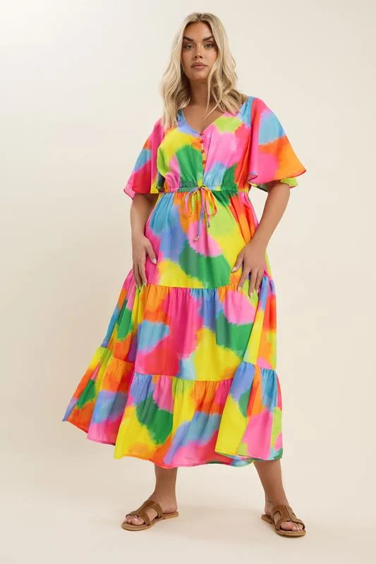 Yours YOURS Curve Pink & Rainbow Blur Print Maxi Dress