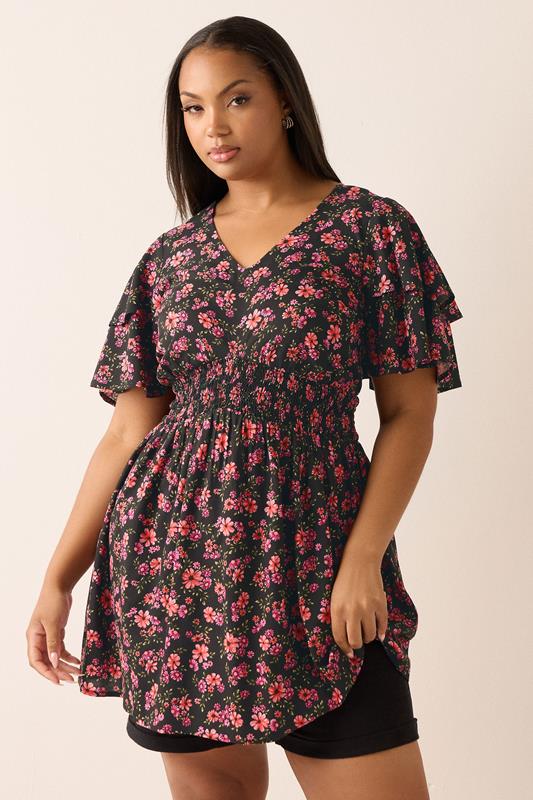 Yours YOURS Curve Pink Floral Print Flutter Sleeve Top