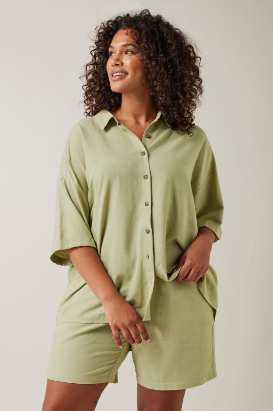 Evans EVANS Curve Khaki Green Linen Shirt