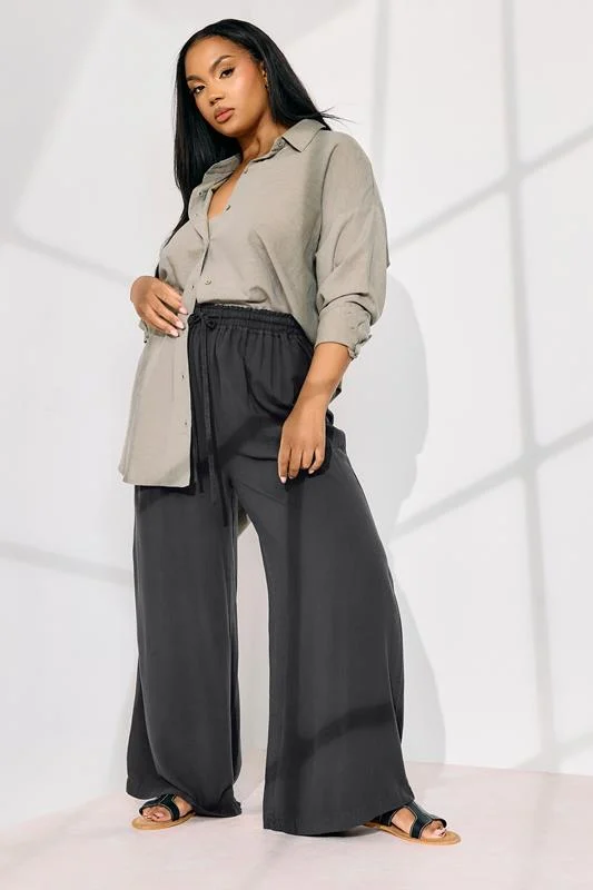 Yours YOURS Curve Black Chambray Tie Front Wide Leg Trousers