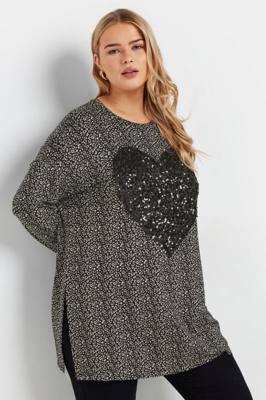 Yours YOURS Curve Black & White Heart Print Sequin Embellished Top