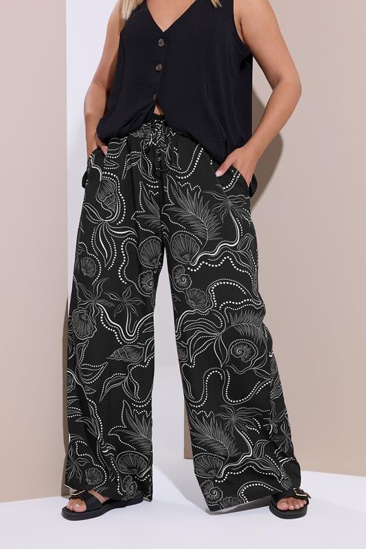 Yours YOURS Curve Black Shell Print Wide Leg Trousers