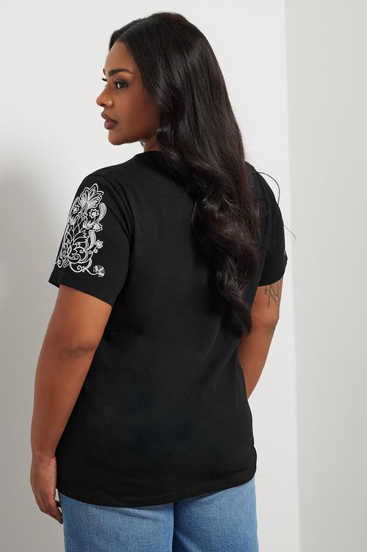 Yours YOURS Curve Black Embroidered Sleeve T-Shirt