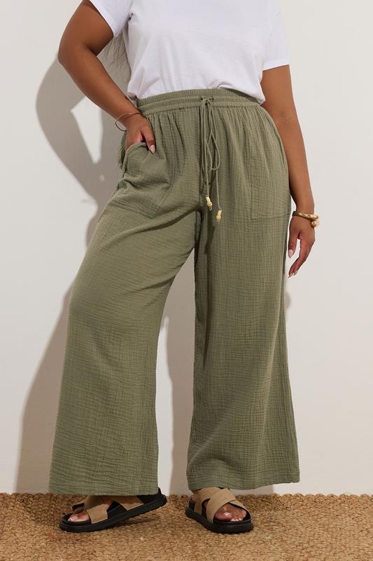 Yours YOURS Curve Khaki Green Cheesecloth Beaded Wide Leg Trousers