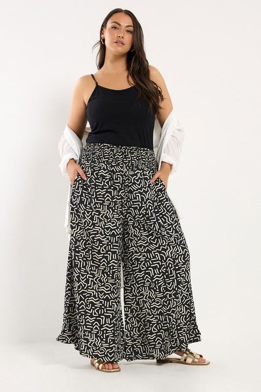 Yours YOURS Curve Black Abstract Print Shirred Waist Trousers