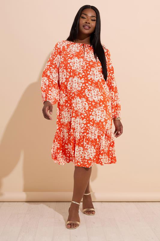 Yours YOURS Curve Orange Floral Tie Neck Tiered Midi Dress