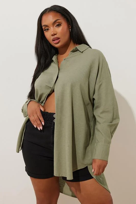 Yours YOURS Curve Khaki Green Long Sleeve Linen Shirt
