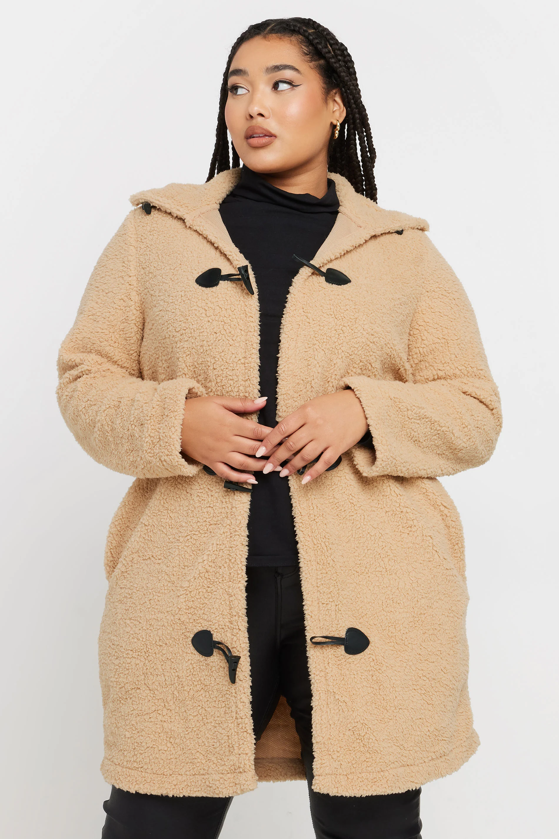Yours YOURS Curve Natural Brown Faux Fur Longline Toggle Jacket