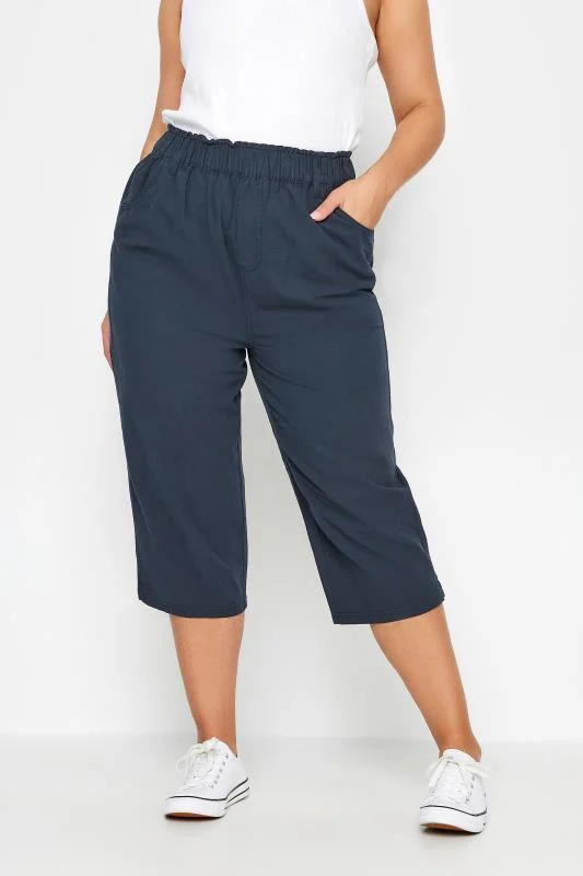 Yours YOURS Curve Navy Blue Cool Cotton Cropped Trousers
