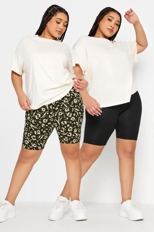 Yours YOURS Curve 2 PACK Black Animal Print Cycling Shorts