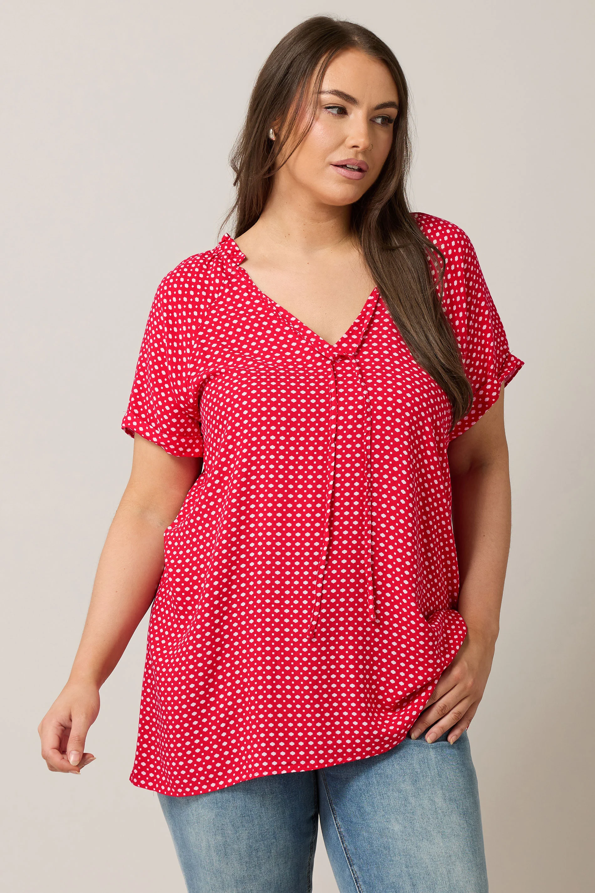 Evans EVANS Curve Red Dot Print Tie Neck Blouse