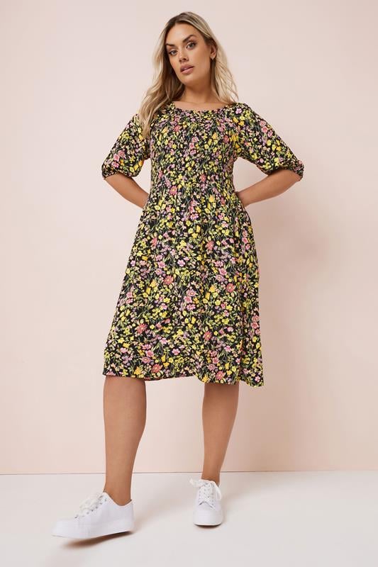 Yours YOURS Curve Black & Pink Floral Print Shirred Midi Dress