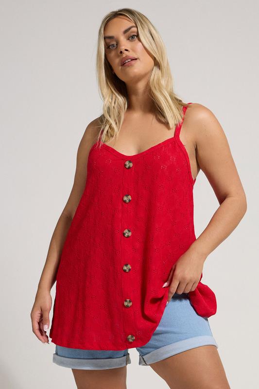 Yours YOURS Curve Red Broderie Anglaise Button Vest Top