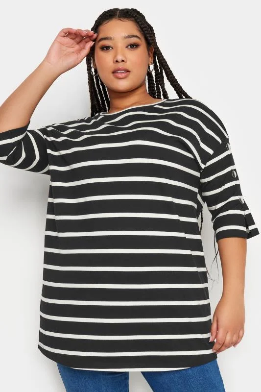 Yours YOURS Curve Black Striped Button Sleeve Top