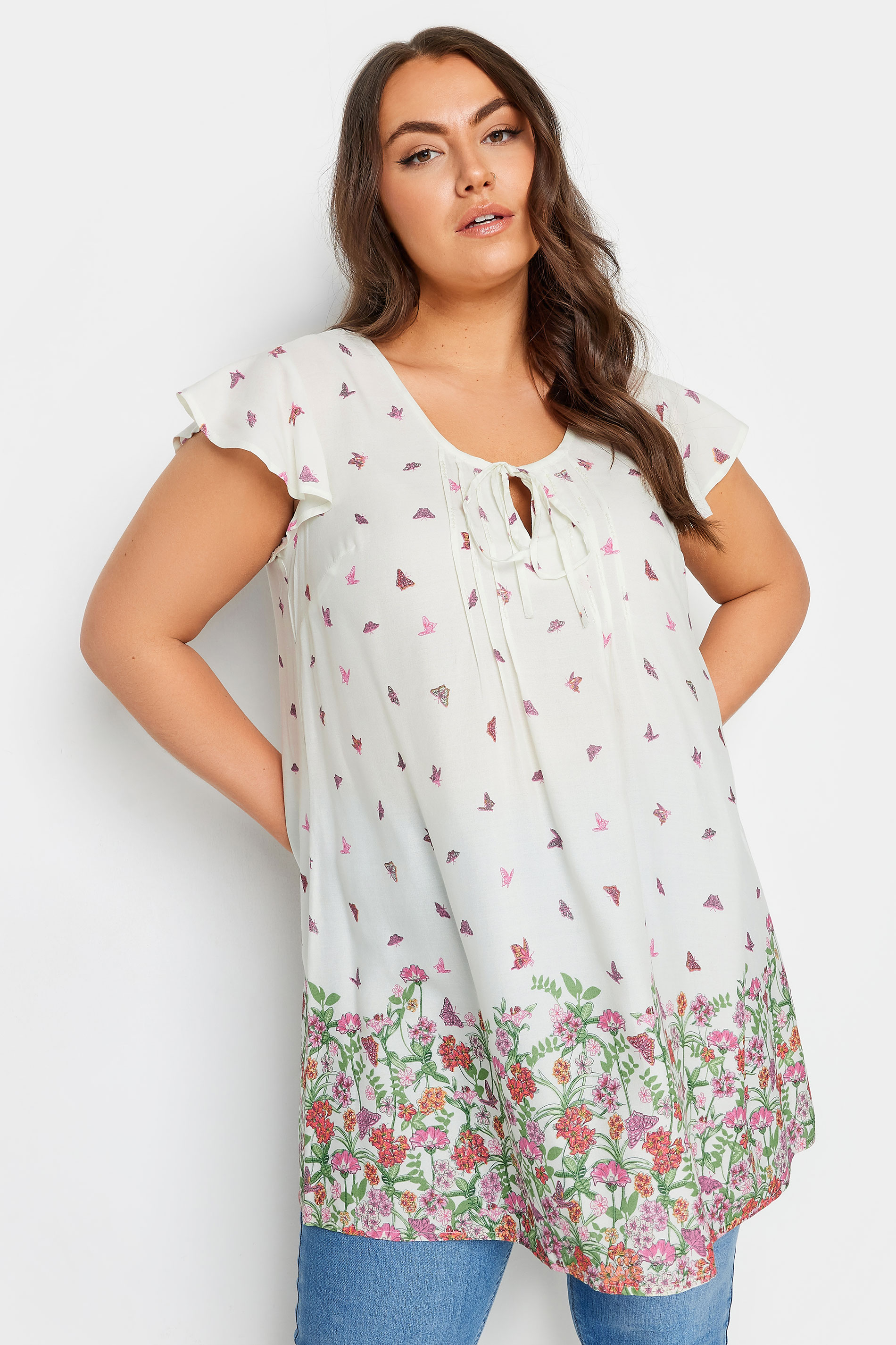 Yours YOURS Curve White Floral Butterfly Print Blouse
