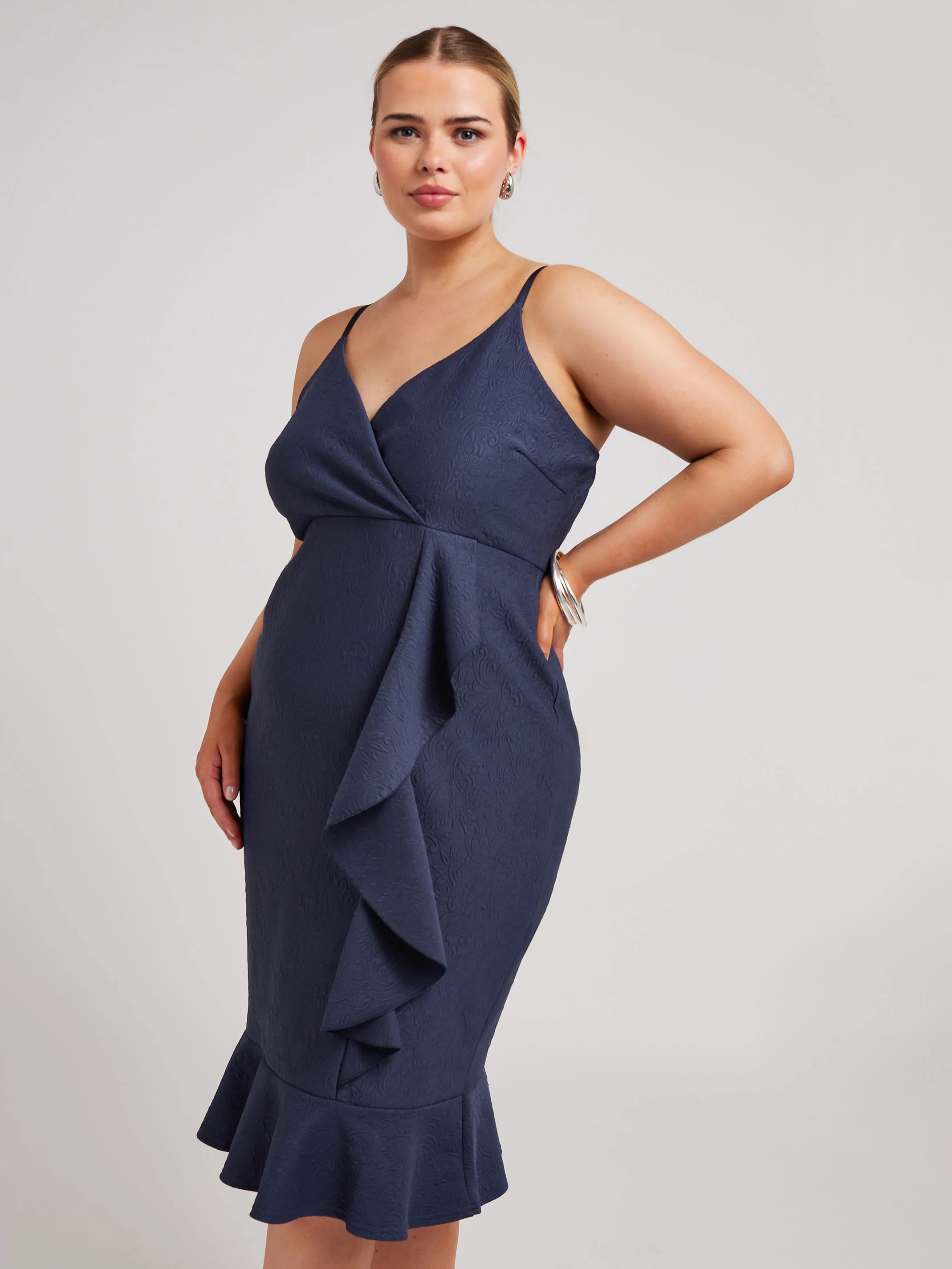 Yours London YOURS LONDON Curve Navy Blue Ruffle Jacquard Dress