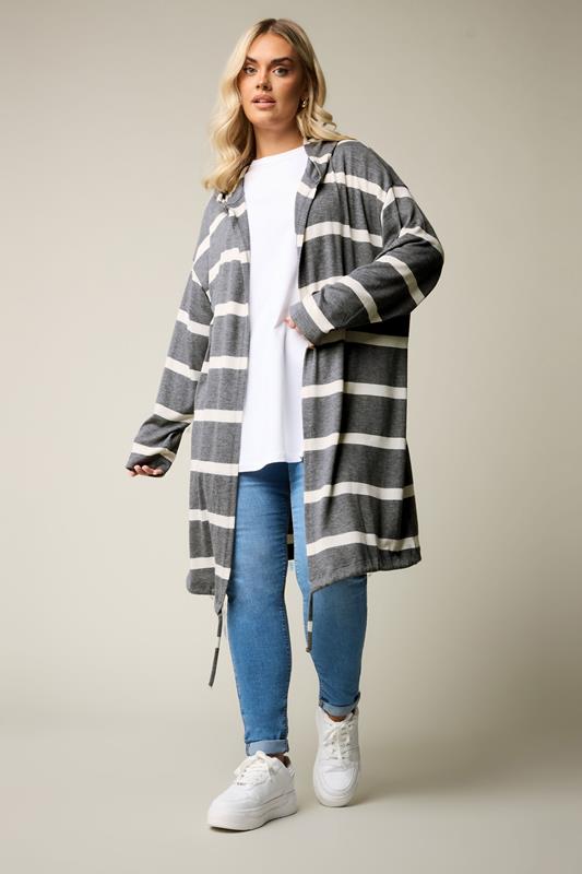 Yours YOURS Curve Grey Striped Longline Hoodie
