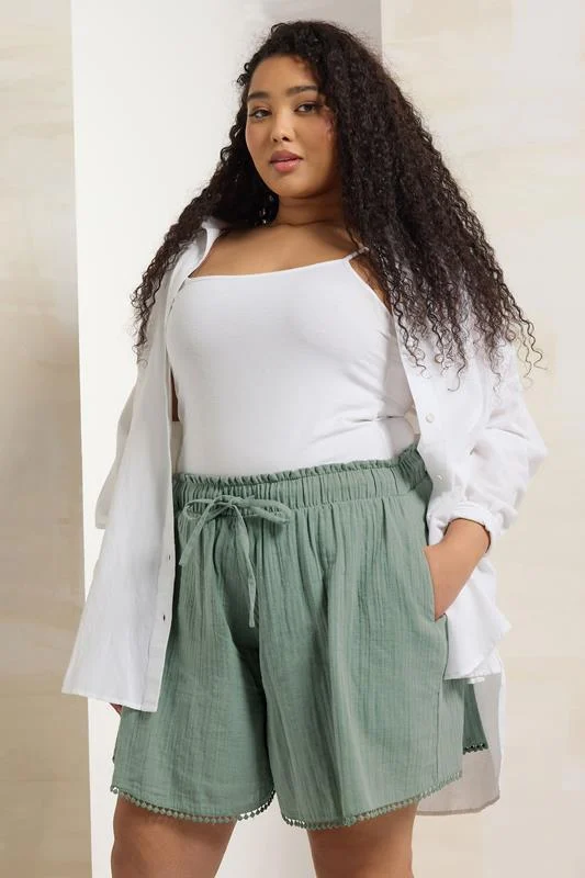 Yours YOURS Curve Sage Green Crinkle Crochet Trim Shorts