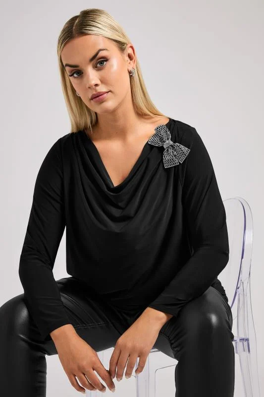 Yours London YOURS LONDON Curve Black Diamante Bow Detail Cowl Neck Top