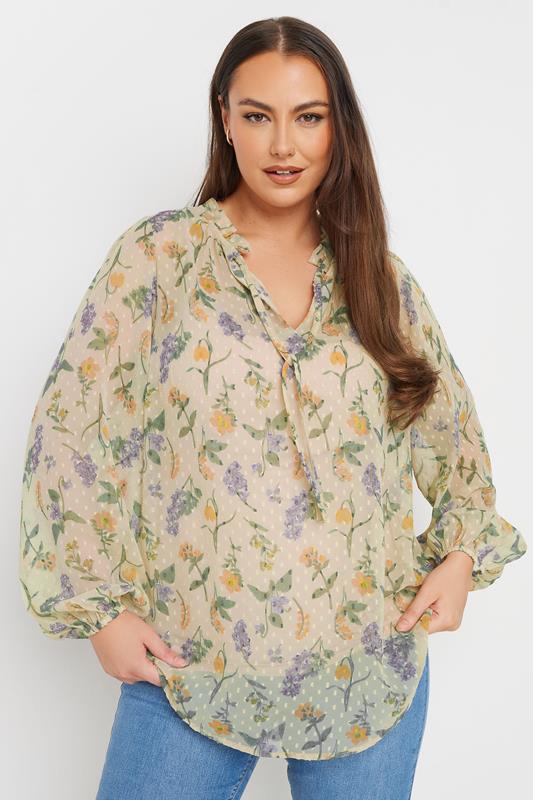 Yours YOURS Curve Natural Brown Floral Print Frill Neck Blouse