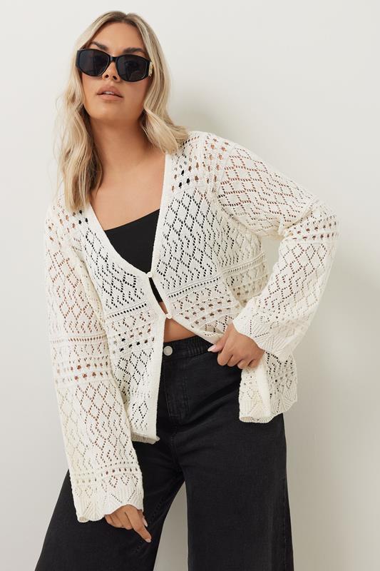 Yours YOURS Curve Ivory White Crochet Button Through Cardigan