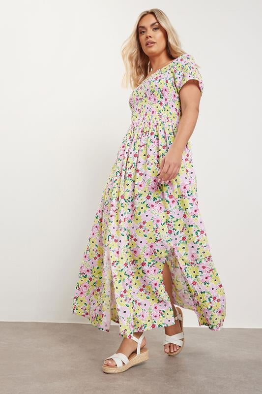 Yours YOURS Curve Yellow & Pink Floral Print Shirred Maxi Dress