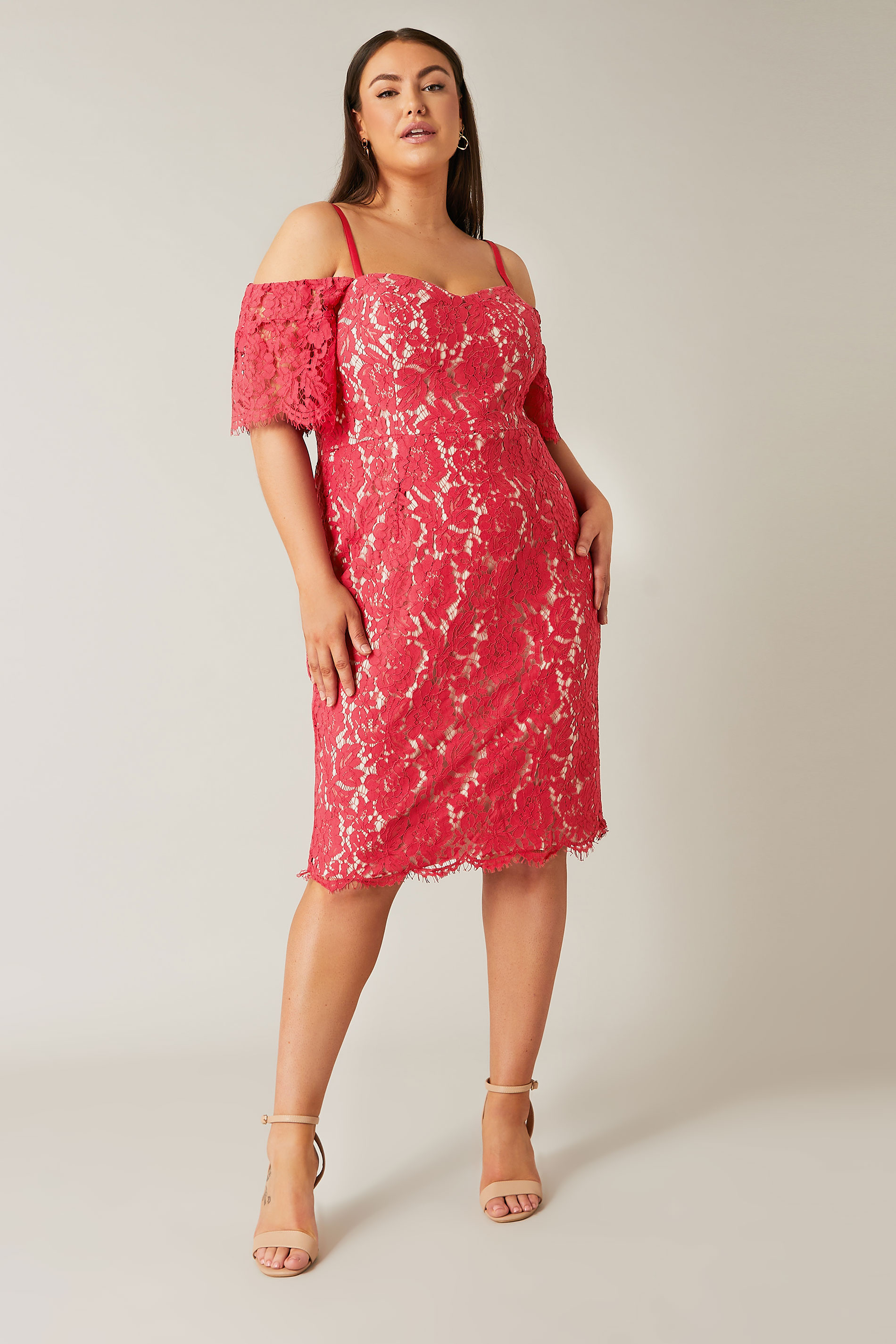 Evans Evans Pink Floral Lace Cold Shoulder Midi Dress