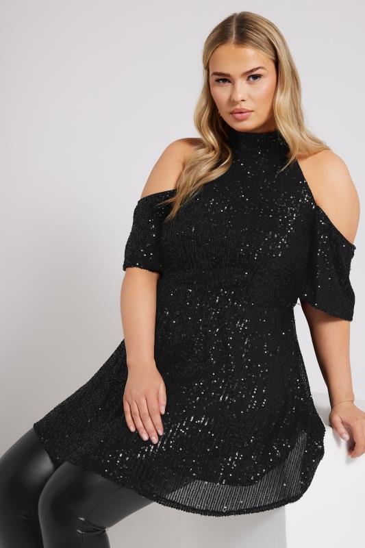 Yours London YOURS LONDON Curve Black Sequin Cold Shoulder Peplum Top