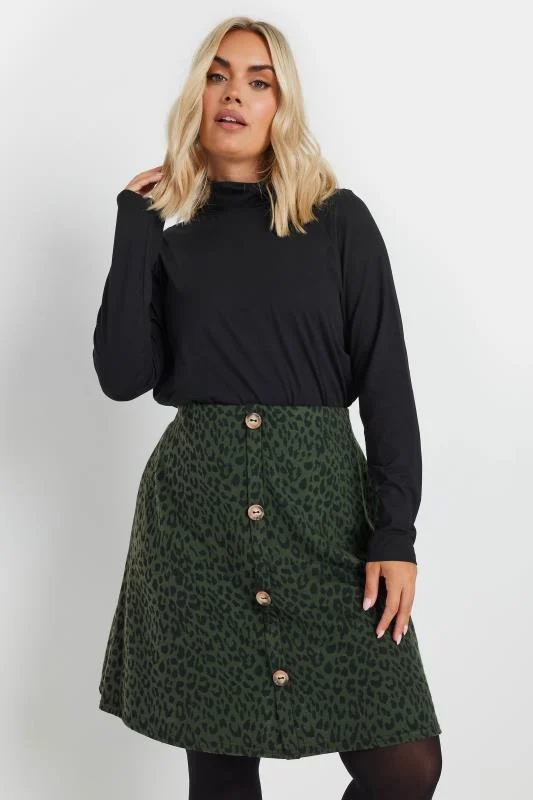 Yours YOURS Curve Green Leopard Print Button Front Skirt