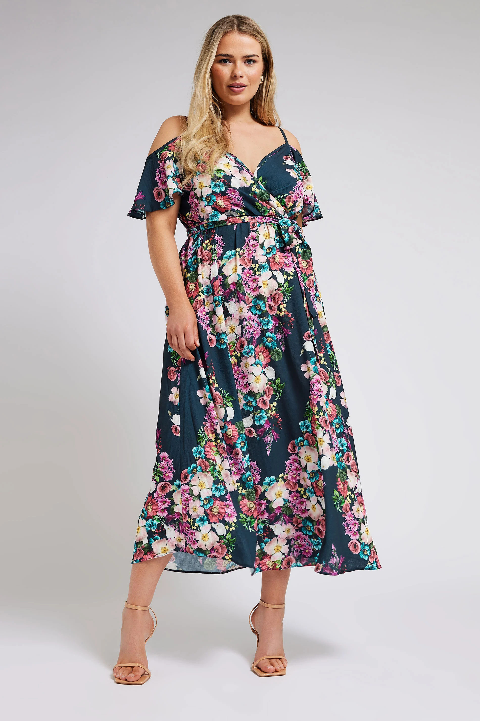 Yours London YOURS LONDON Curve Blue Floral Print Cold Shoulder Wrap Dress