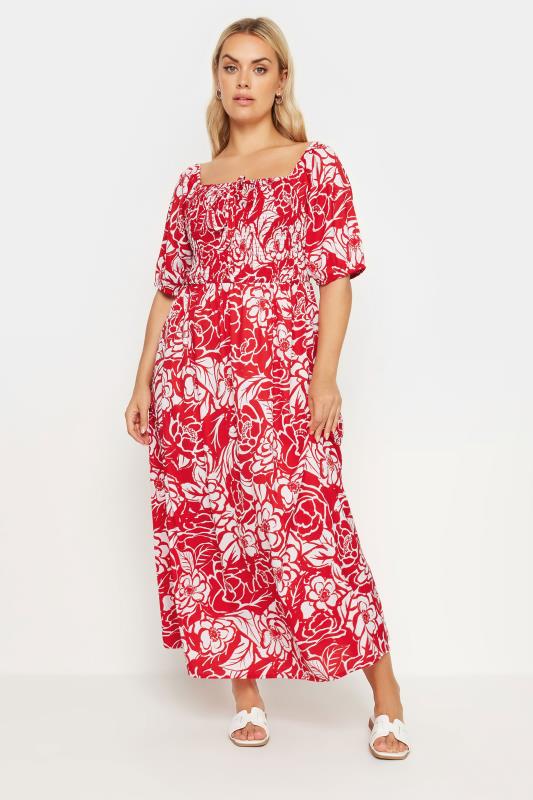 Yours YOURS Curve Red Abstract Floral Print Shirred Maxi Dress