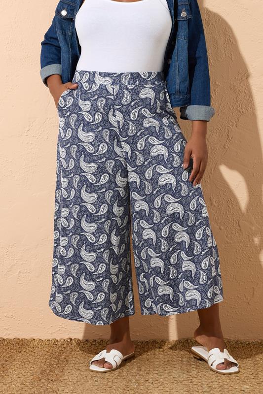 Yours YOURS Curve Navy Blue Paisley Print Midaxi Culottes