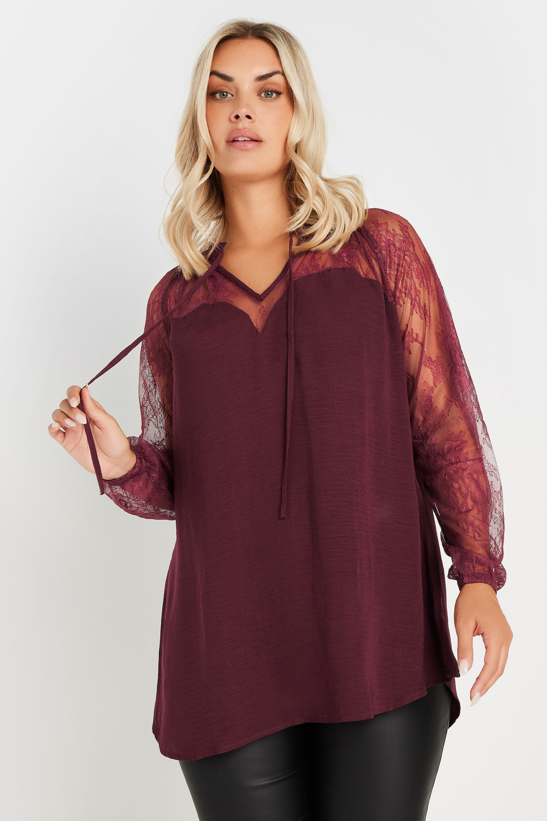 Yours YOURS Curve Burgundy Red Lace Sweetheart Tie Neck Blouse