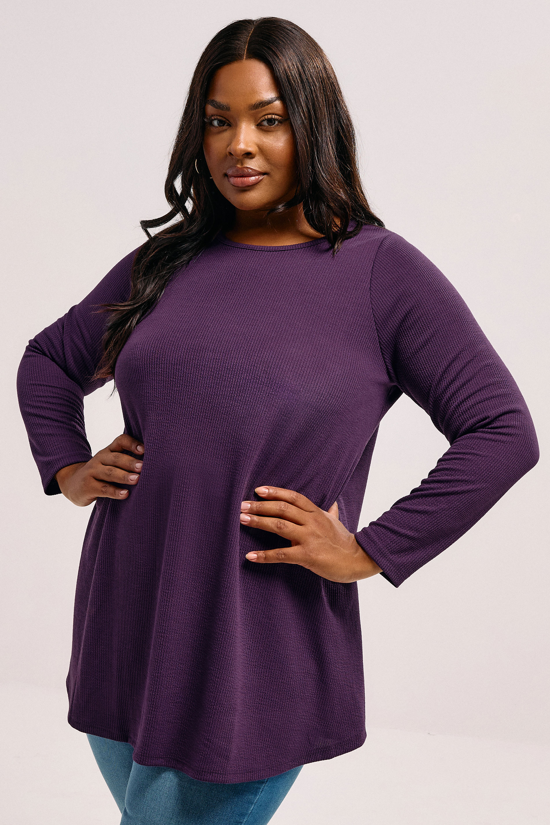 Yours YOURS Curve Purple Long Sleeve Ribbed T-Shirt