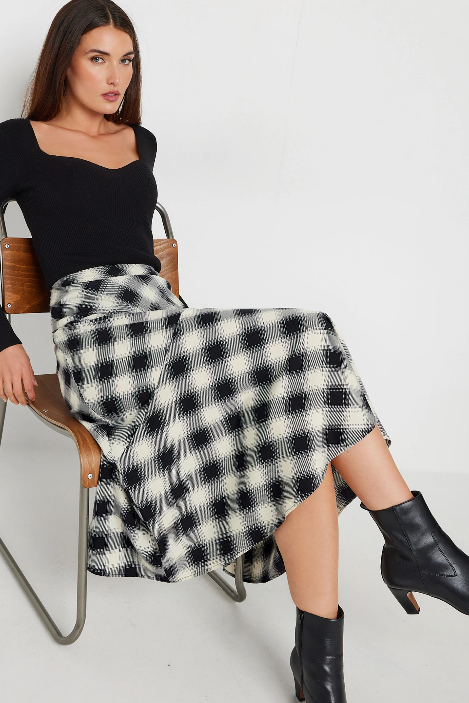 LTS LTS Tall Black Check Print Tiered Midaxi Skirt