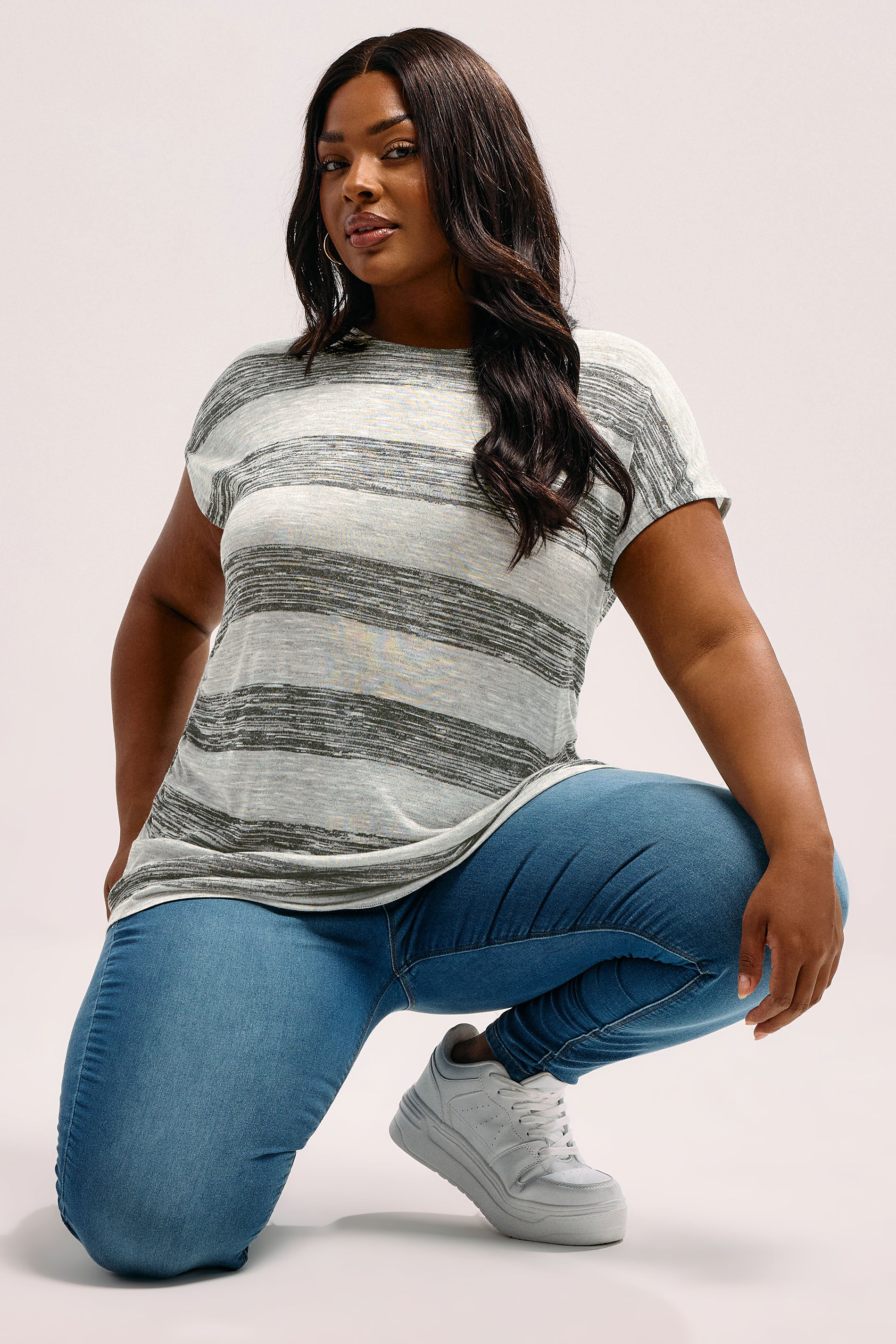 Yours YOURS Curve Grey Stripe Marl Top