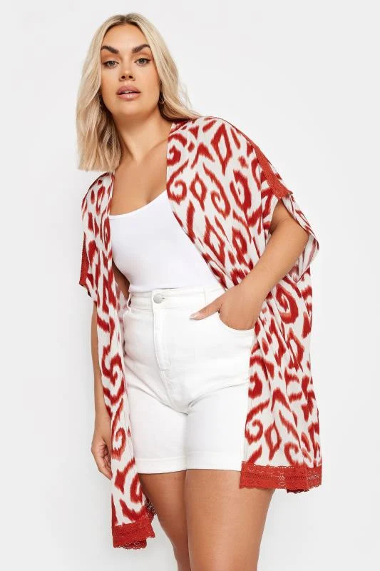 Yours YOURS Curve White Ikat Print Crochet Trim Kimono