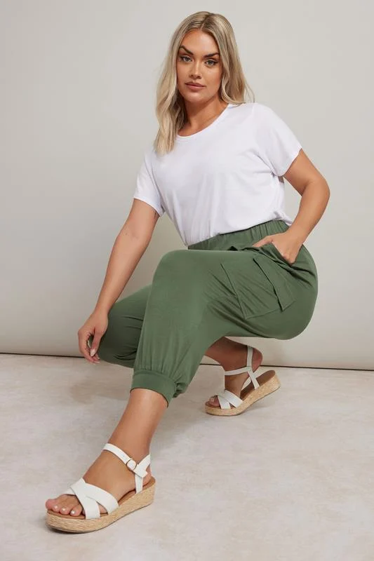 Yours YOURS Curve Khaki Green Cropped Cargo Harem Trousers