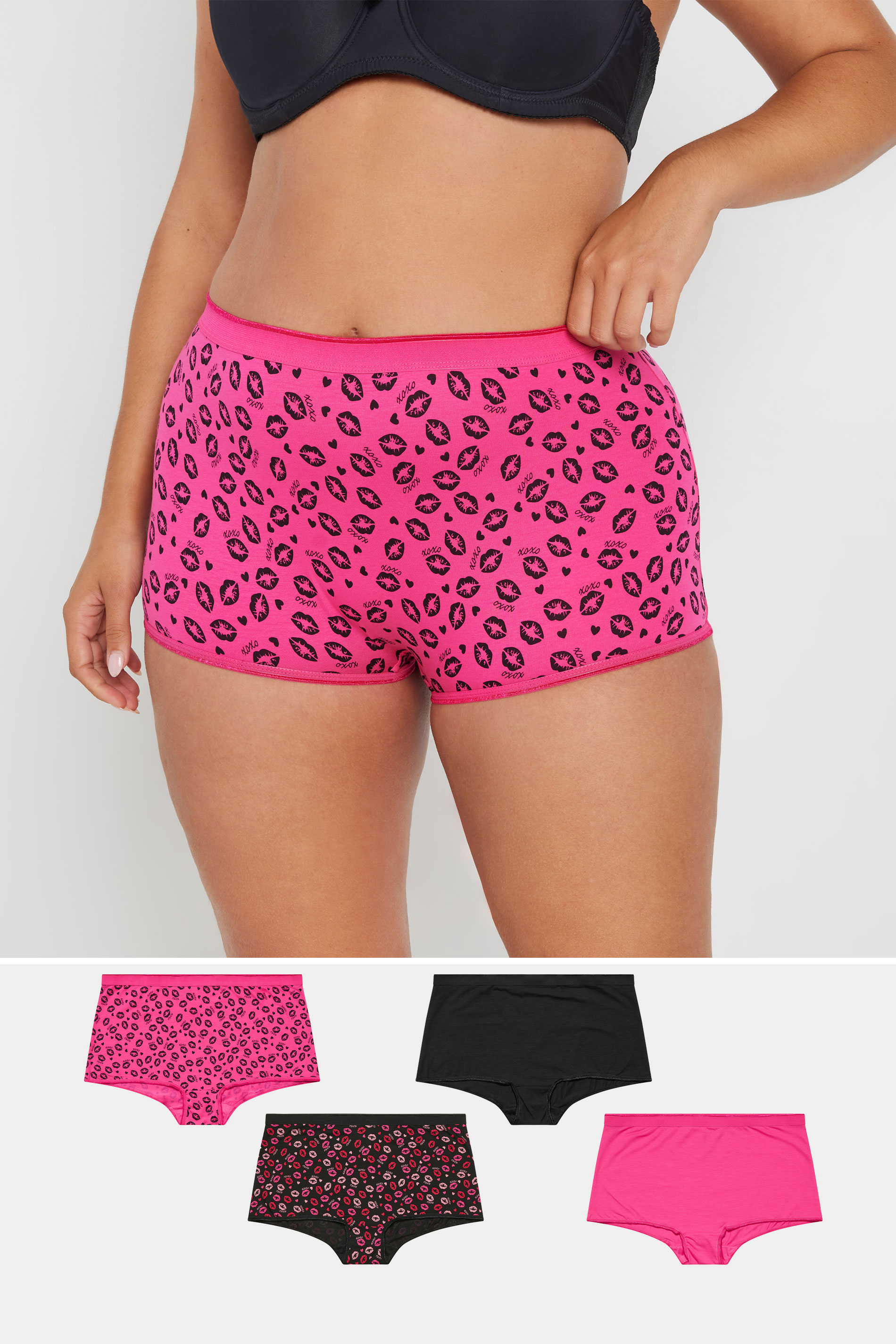 Yours YOURS Curve 5 PACK Pink & Black Kiss Print Shorts