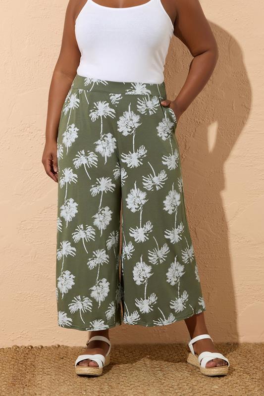 Yours YOURS Curve Khaki Green Palm Tree Midaxi Culottes