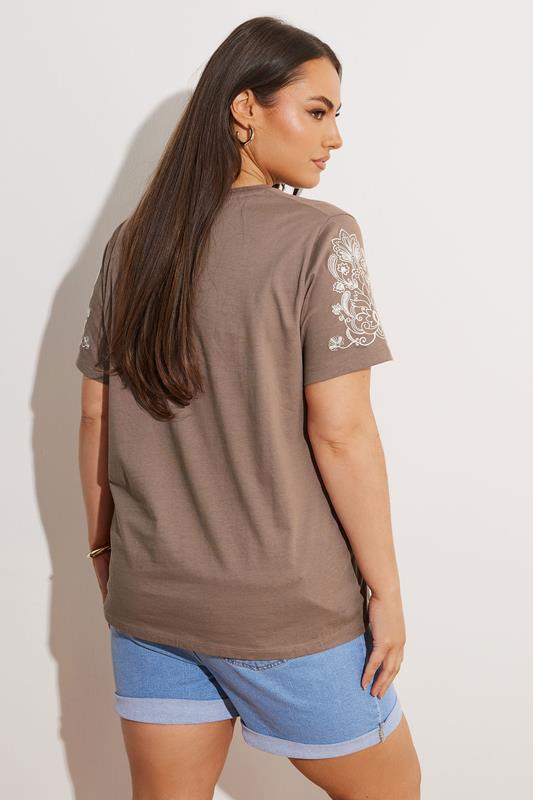 Yours YOURS Curve Brown Embroidered Sleeve T-Shirt