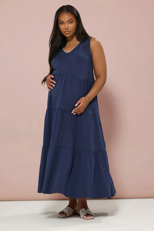 Bump It Up BUMP IT UP MATERNITY Curve Navy Blue Blanket Stitch Tiered Maxi Dress
