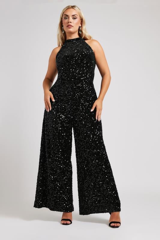 Yours London YOURS LONDON Curve Black Sequin Velvet Jumpsuit