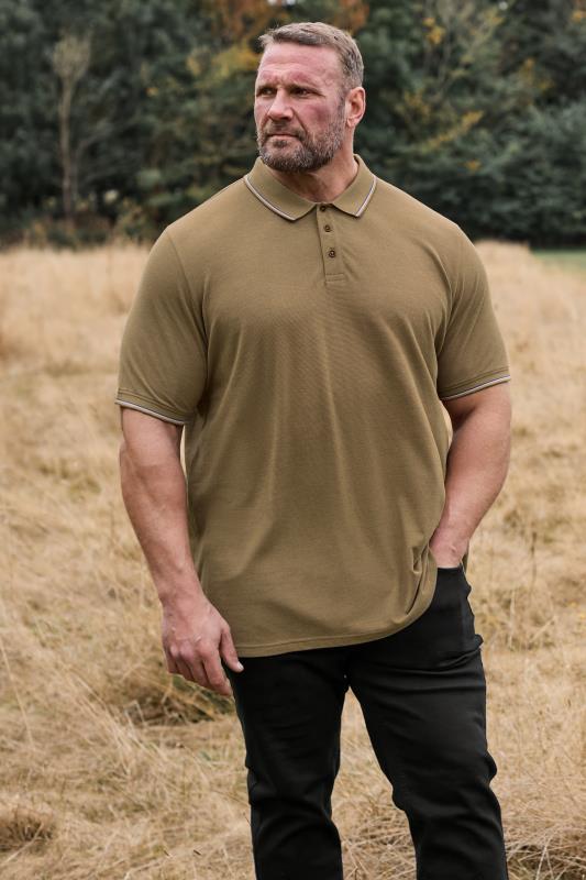 BadRhino BadRhino Big & Tall Tan Brown Textured Tipped Polo Shirt