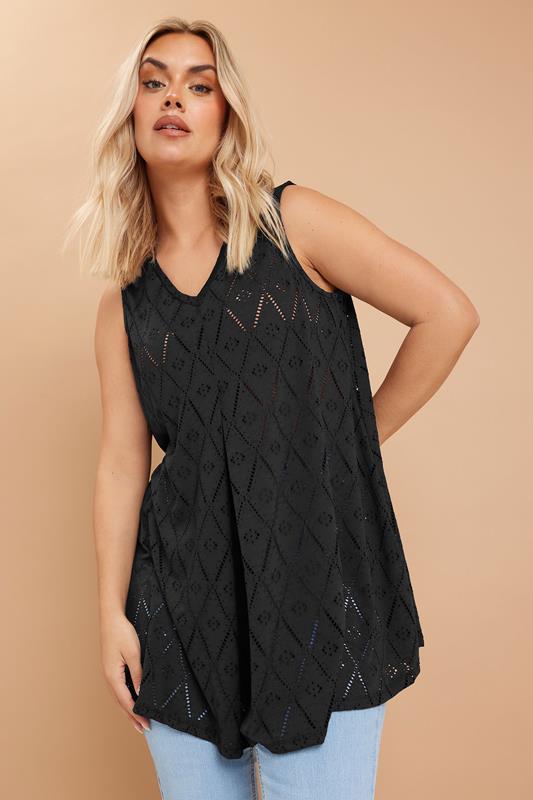Yours YOURS Curve Black Broderie Vest Top