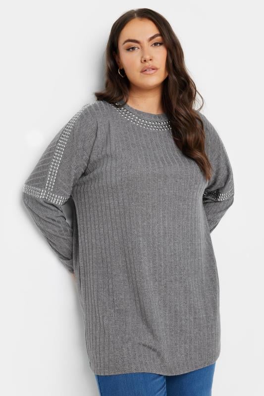 Yours YOURS Curve Grey Stud Neckline Embellished Jumper